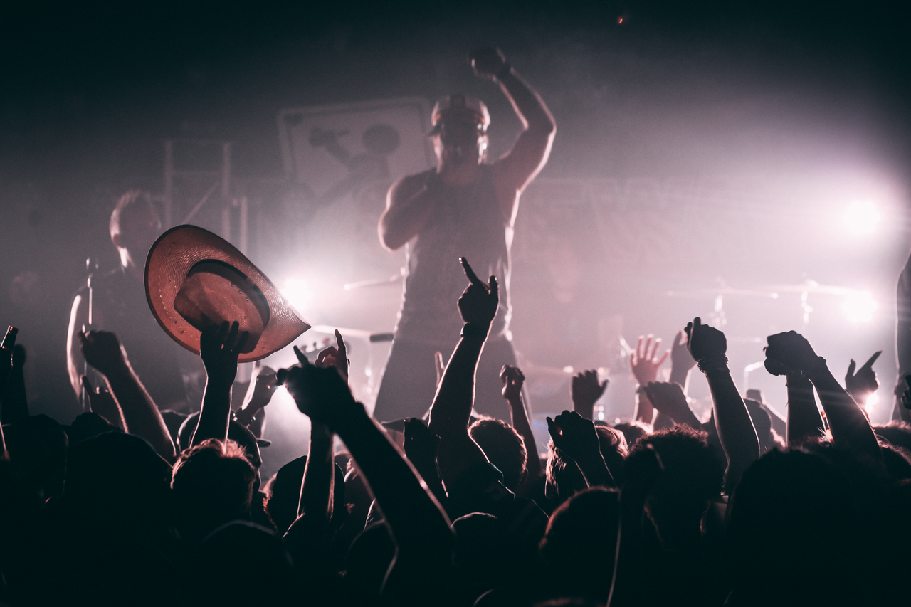 Silhouette of an energetic crowd enjoying a live concert with a performer on stage.